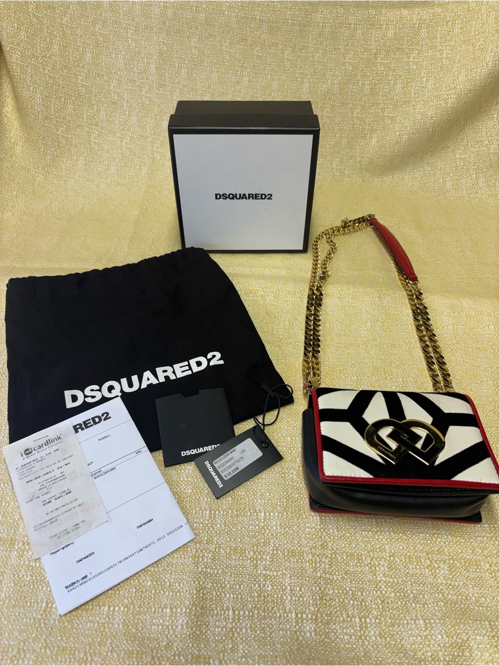 DSQUARED2 Black White Red Zebra Crossbody with Gold Chain